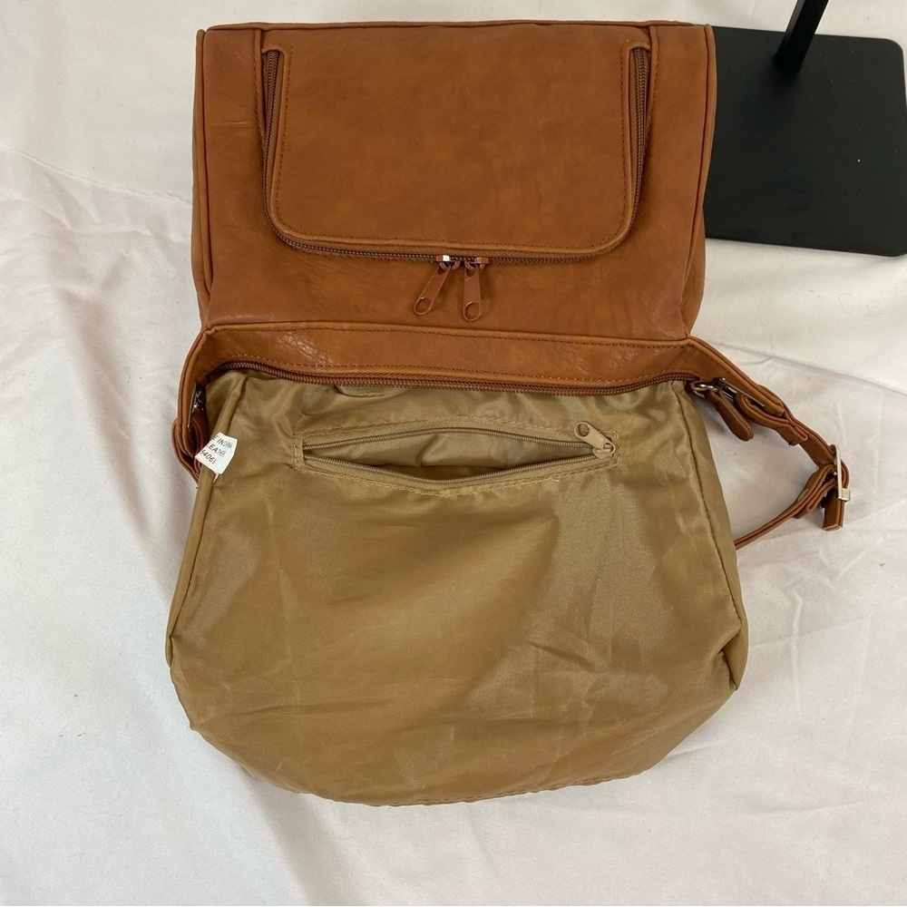 Cognac Faux Leather Organizer Shoulder Bag | Multi-Zip Everyday Purse - Picture 3 of 13